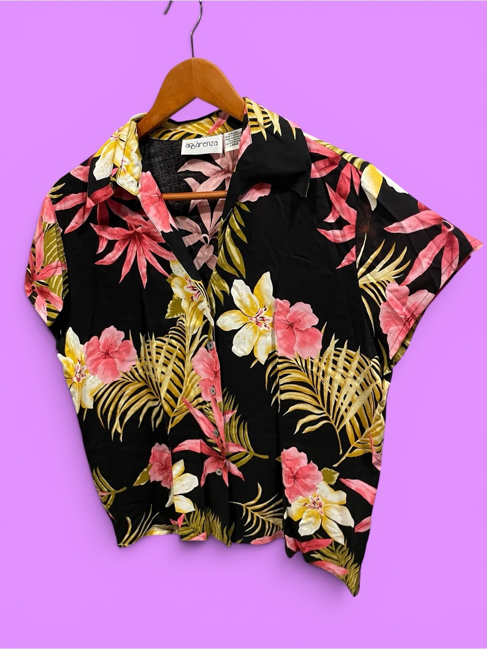 Vintage 90s Apparenza Tropical Hawaiian Blouse Wide Collar Flowy Top L Retro